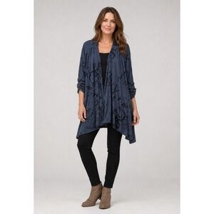 Lior Paris Cardigan Womens Medium Blue Black Abstract Open Front‎ Ruched Sleeves